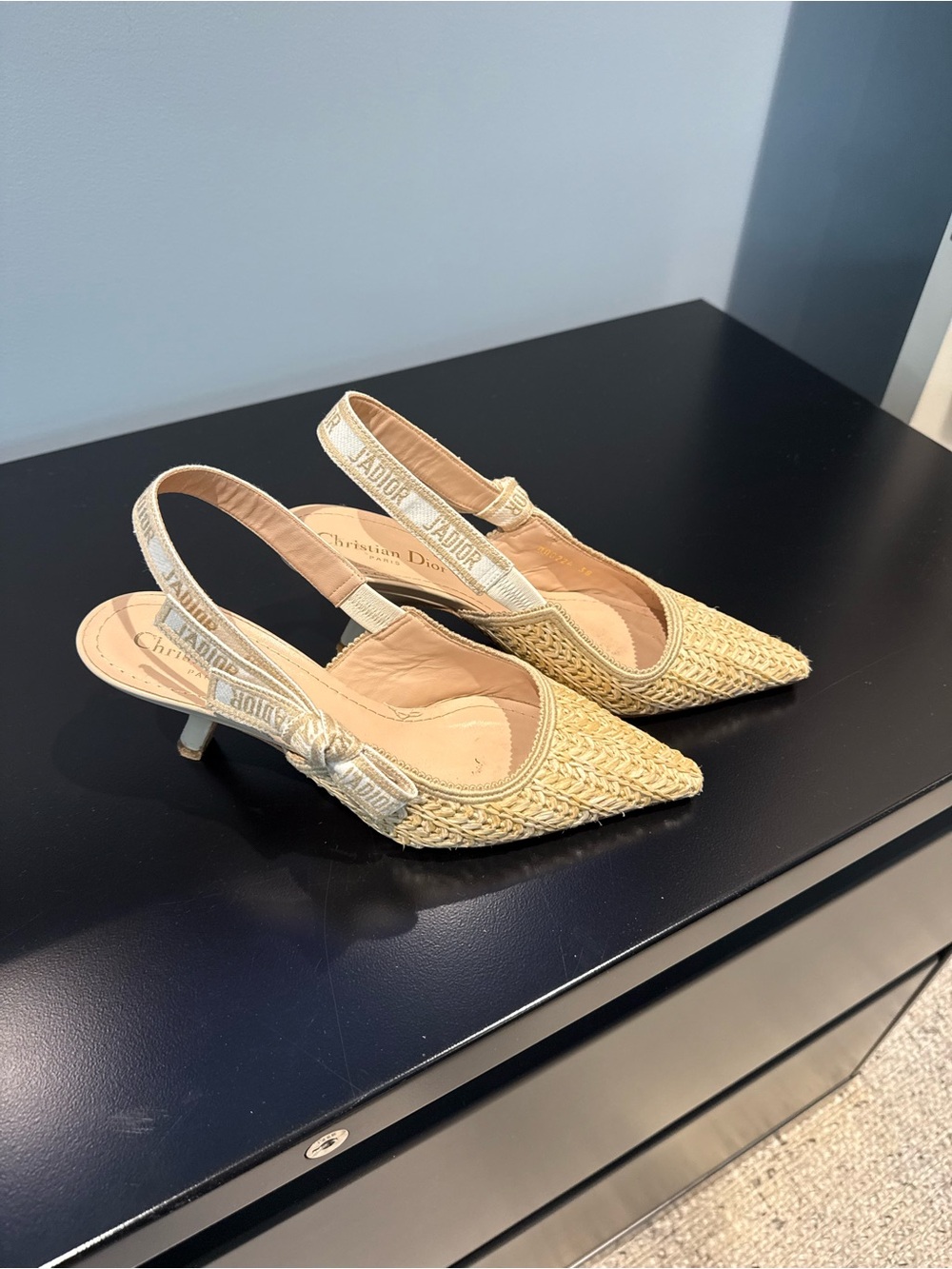 Dior Cream Beige Woven J'Adior Slingback Kitten Heels